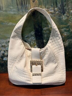 Michael Kors Cream Croc-Embossed Hobo with Gold Buckle
